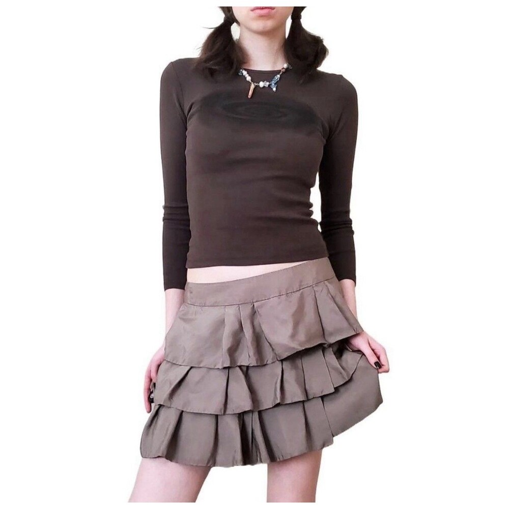 Banana Republic Cupro Tiered Ruffle Mini Skirt Sz 6 Taupe Beige Pleated Y2K Goth